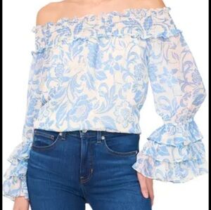 NWT CECE Large Ultra Sheer BLUE Lined & WHITE FLORAL Off Shoulder RUFFLED BLOUSE